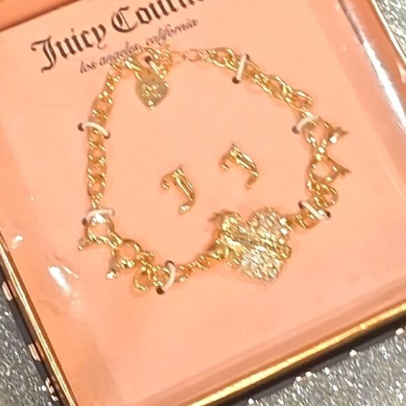 Juicy Couture Rhinestone Heart Bracelet Chain Bracelet & J Logo Earrings - Picture 2 of 7